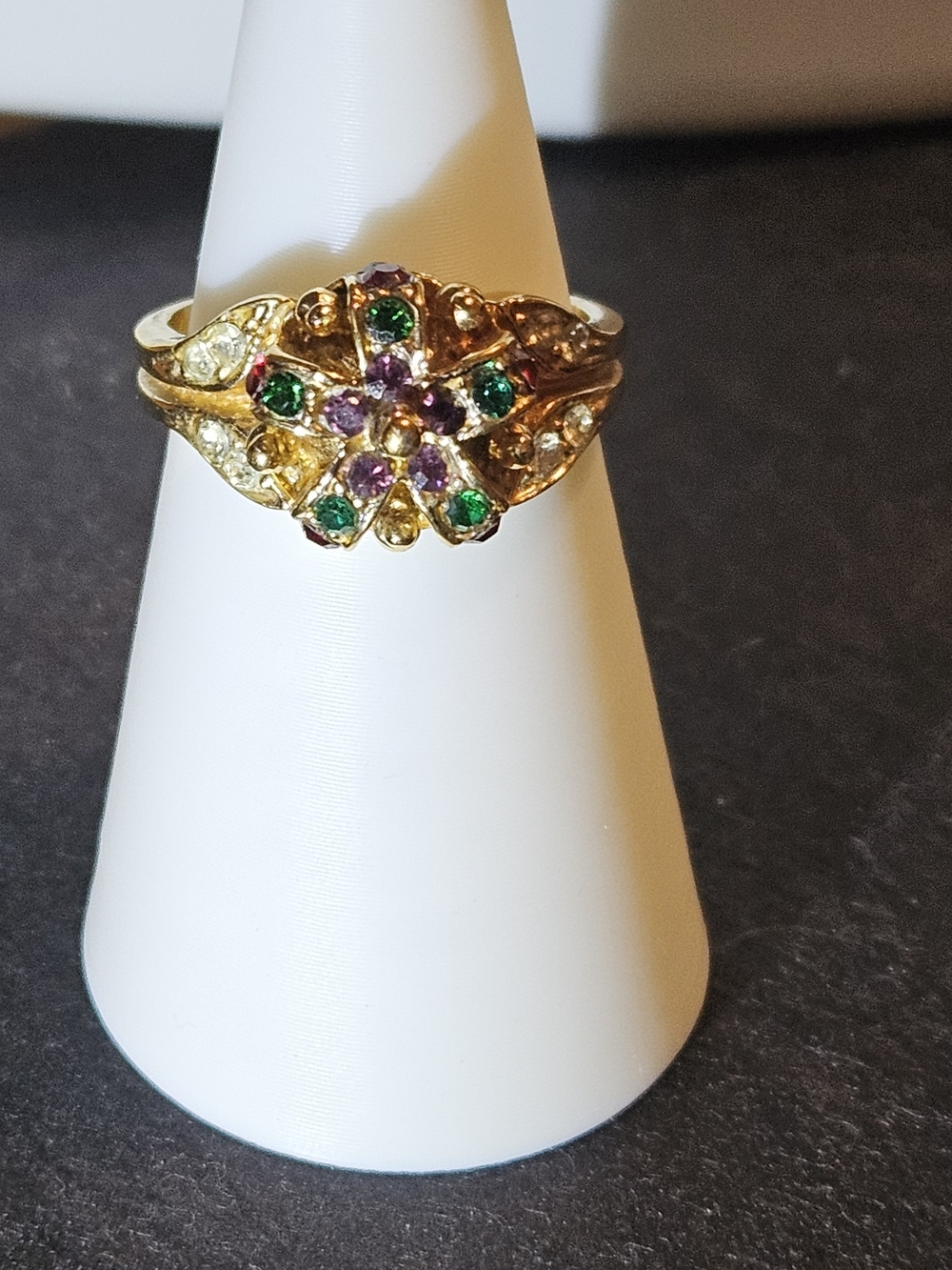 J. Lindeberg Gold Floral Crown Ring with Green, Purple & Red Stones. Size 8 - Picture 2 of 9